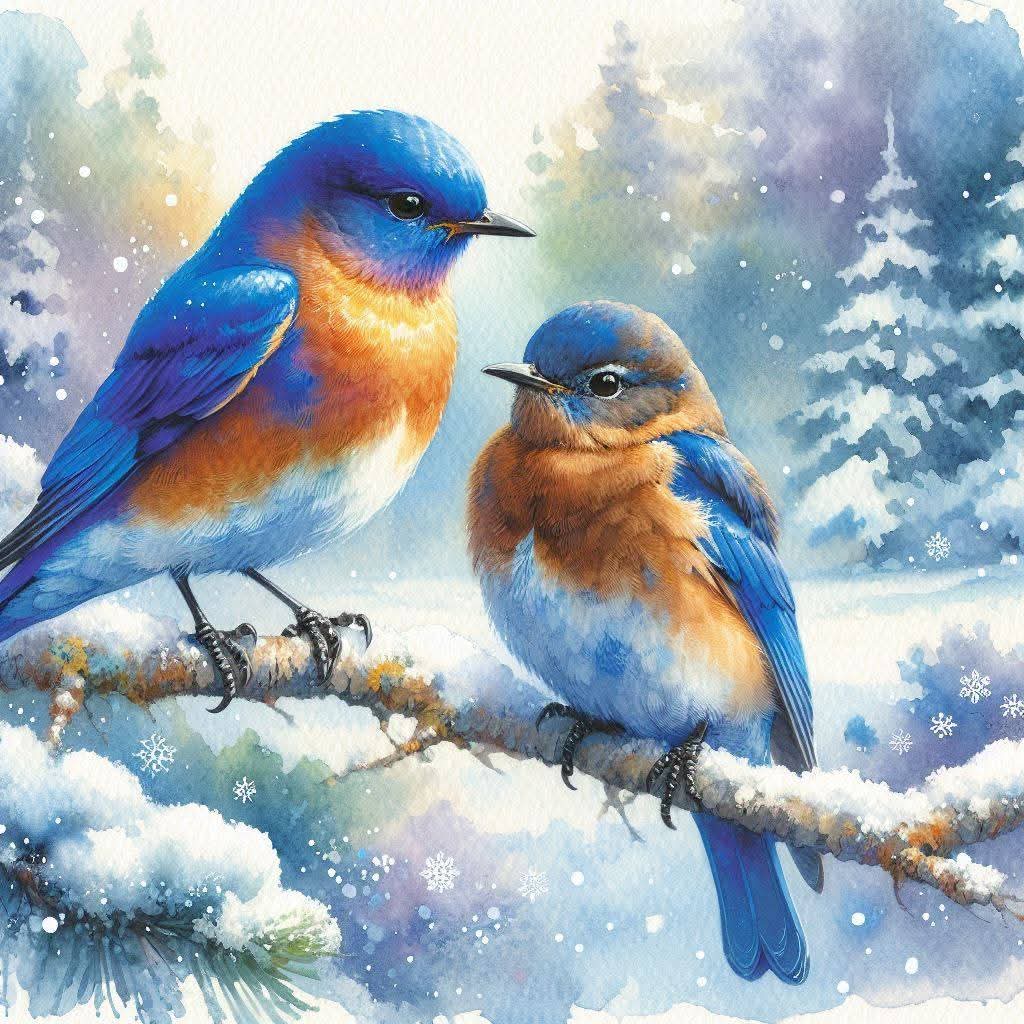 Two bluebirds with orange and blue plumage sitting on a snow-covered branch in a winter landscape