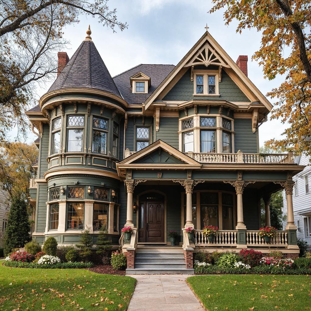 Victorian mansion with turret, ornate woodwork, porch, and autumn foliage