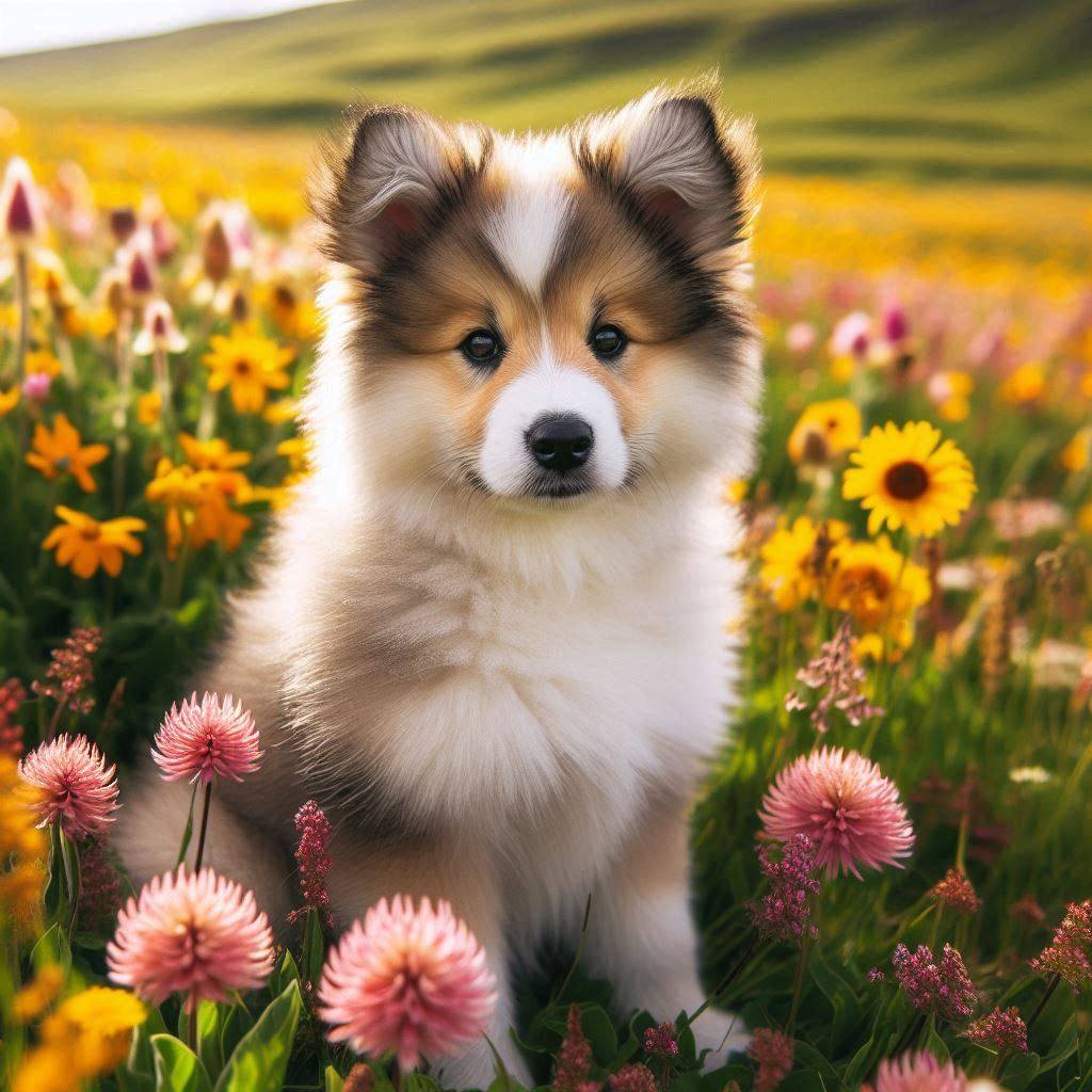 Puppy in Flower Field