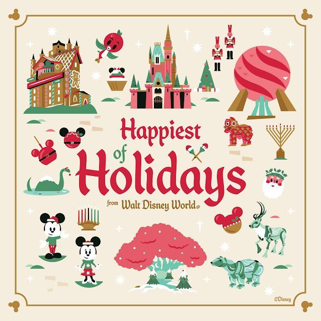 Illustrated Disney holiday poster with castles, Mickey figures, ornaments, and festive icons