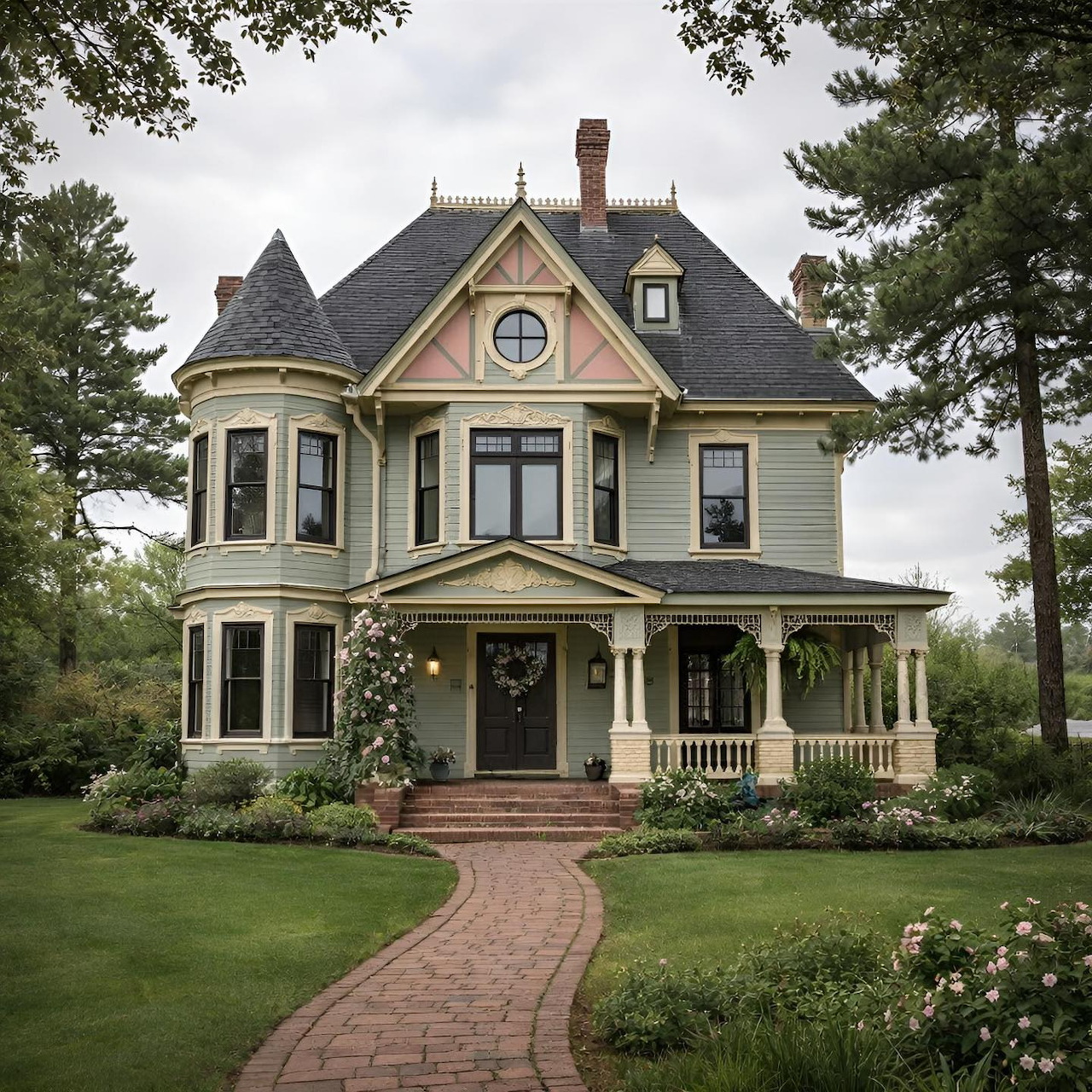 Victorian mansion with turret and wrap-around porch on green lawn with brick path