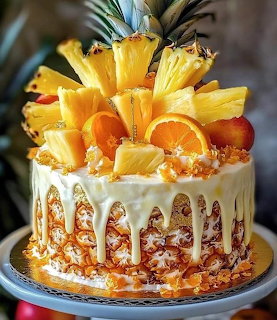 Layer cake with white drip icing, pineapple slices, and orange wedges on top