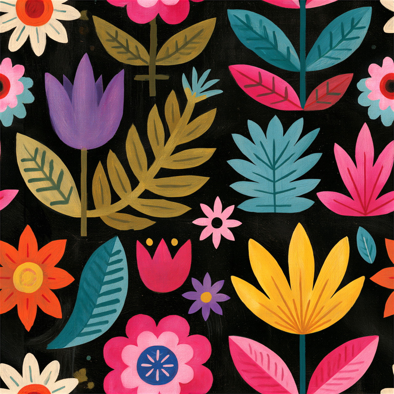 Colorful folk art floral pattern with stylized flowers and leaves on black background