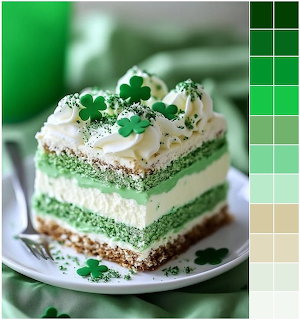 Slice of green layered cake with white frosting and shamrock toppers on a plate