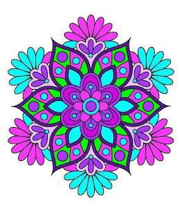 Colorful mandala with purple and cyan flower petals in symmetrical radial pattern