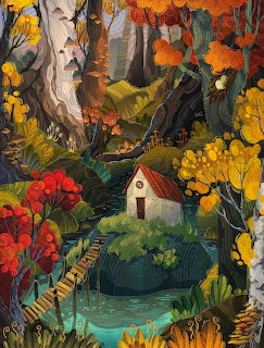 Painting of a cottage in an autumn forest with birch trees, colorful leaves, and a stream