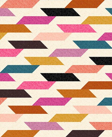 Geometric quilt with colorful arrow-shaped patches in horizontal rows forming a modern chevron pattern
