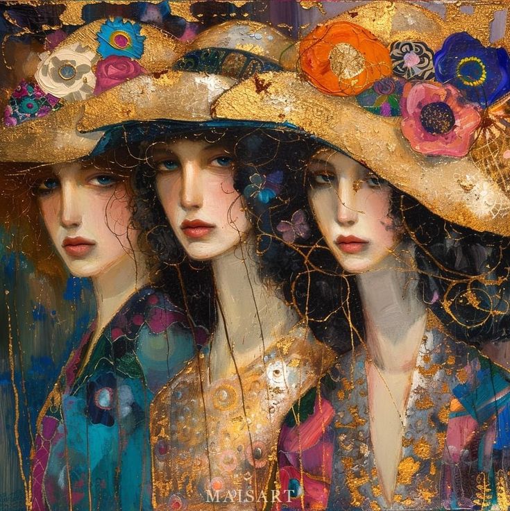 Painting of three women wearing decorated wide-brimmed hats in a colorful textured style