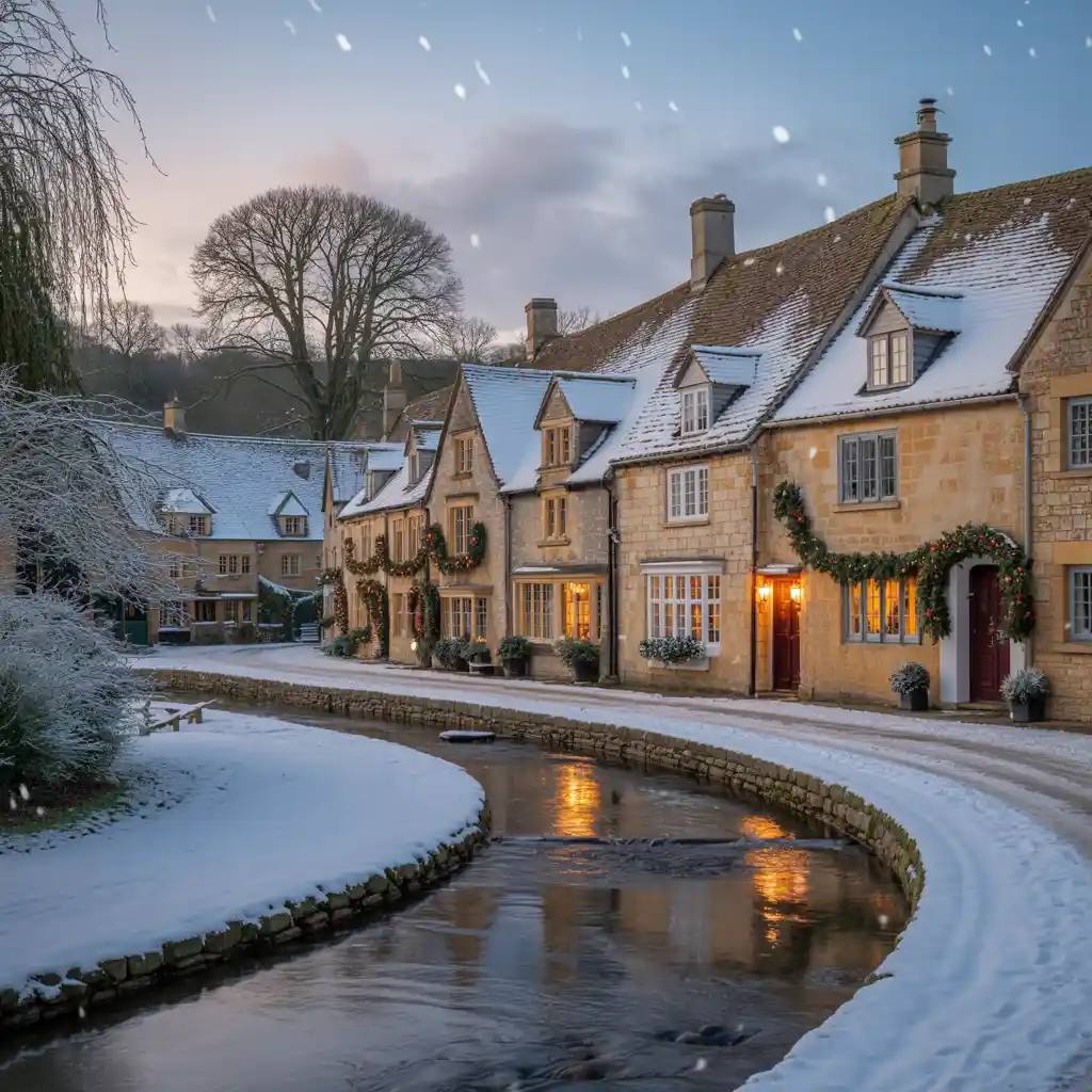 Snow-covered Cotswold village cottages with warm lights at twilight, stream reflects golden windows under falling snow