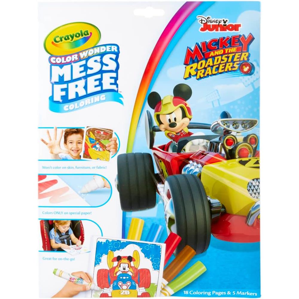 Coloring set package with Mickey Mouse in a yellow race car on a colorful box