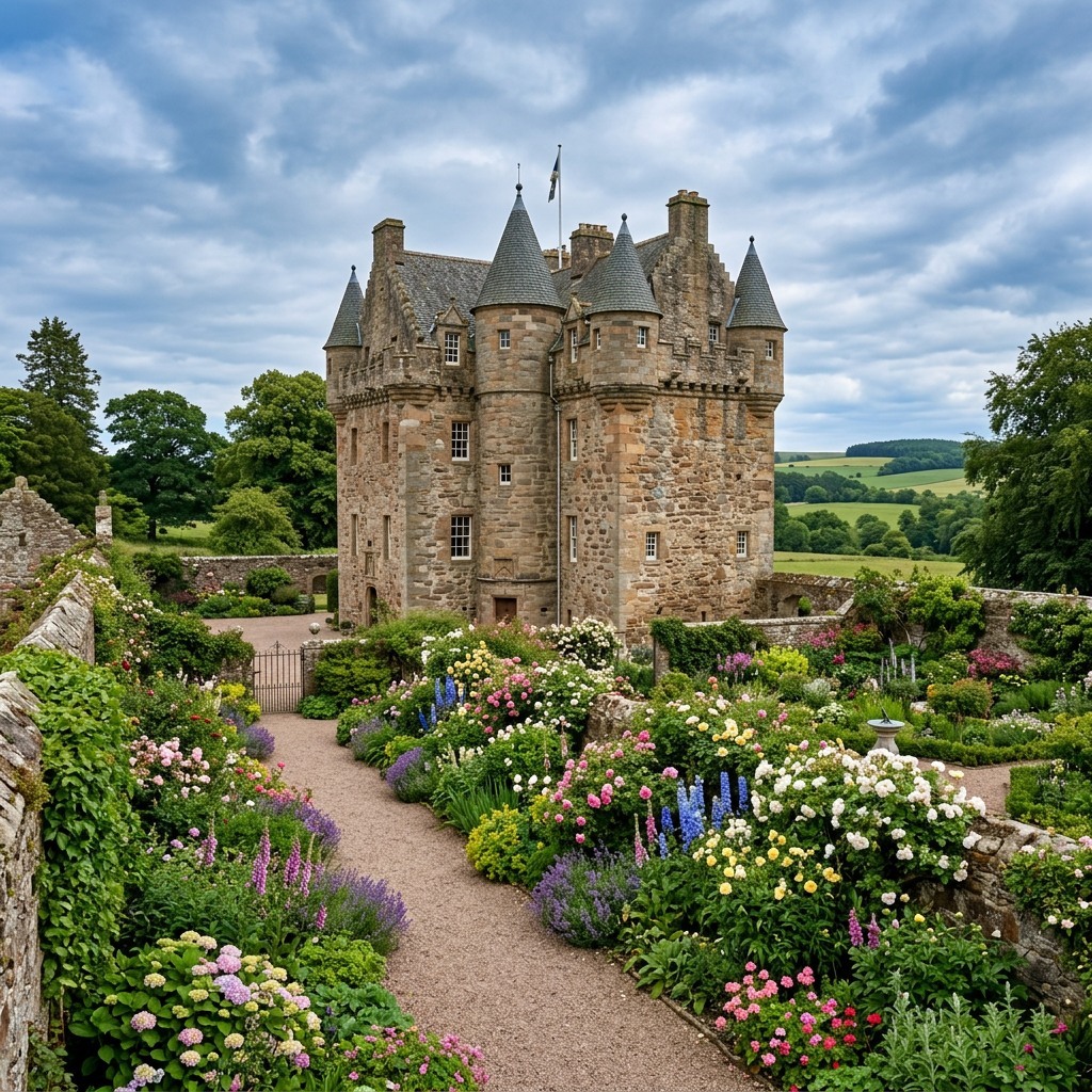 Stone castle with turrets set in formal garden with colorful flower beds and gravel path under cloudy sky