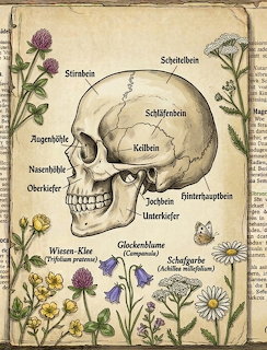 Vintage anatomical drawing of human skull with German labels, framed by botanical illustrations of flowers on old paper