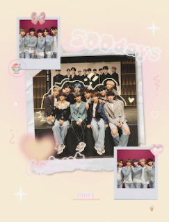 Pastel scrapbook collage with three photos of a K-pop boy group in casual outfits