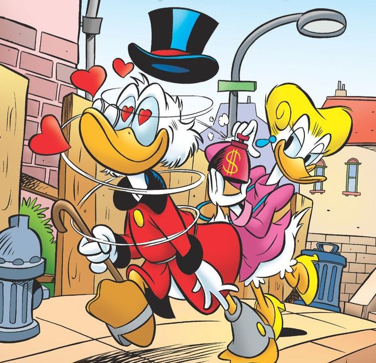 Scrooge McDuck in top hat dancing with female duck character, hearts floating around them on urban street