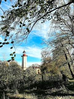 White lighthouse with red top seen through bare winter tree branches against blue sky
