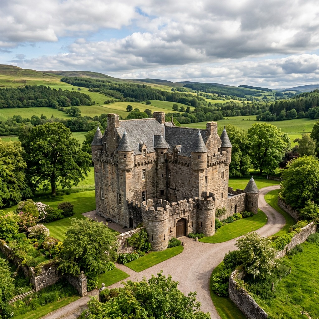 Aerial view of medieval stone castle ruins in green Scottish landscape with dramatic clouds
