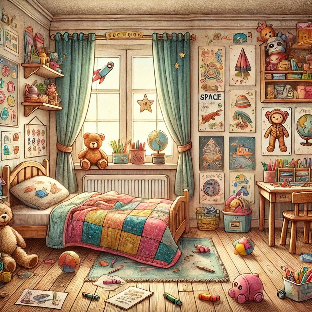 Illustrated kids bedroom with bed, teddy bears, toys, desk, and colorful posters by a window