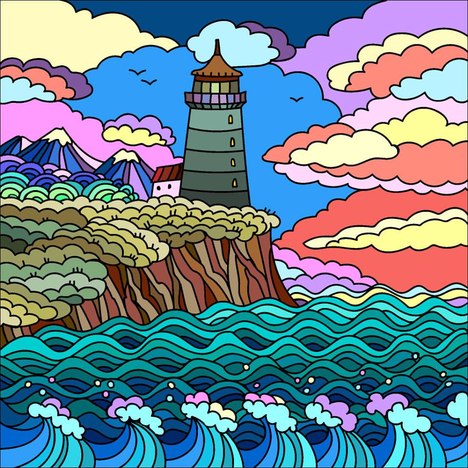 Stylized lighthouse on cliff with colorful waves and clouds