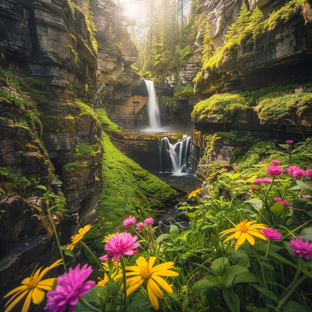 Tiered waterfall in a mossy canyon with pink and yellow wildflowers in the foreground