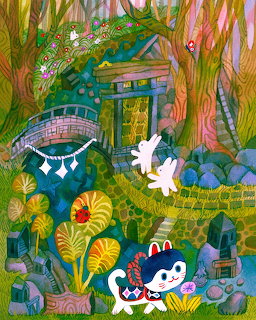 Colorful fantasy forest illustration with white rabbits, a blue rabbit character, a bridge, and a small shrine