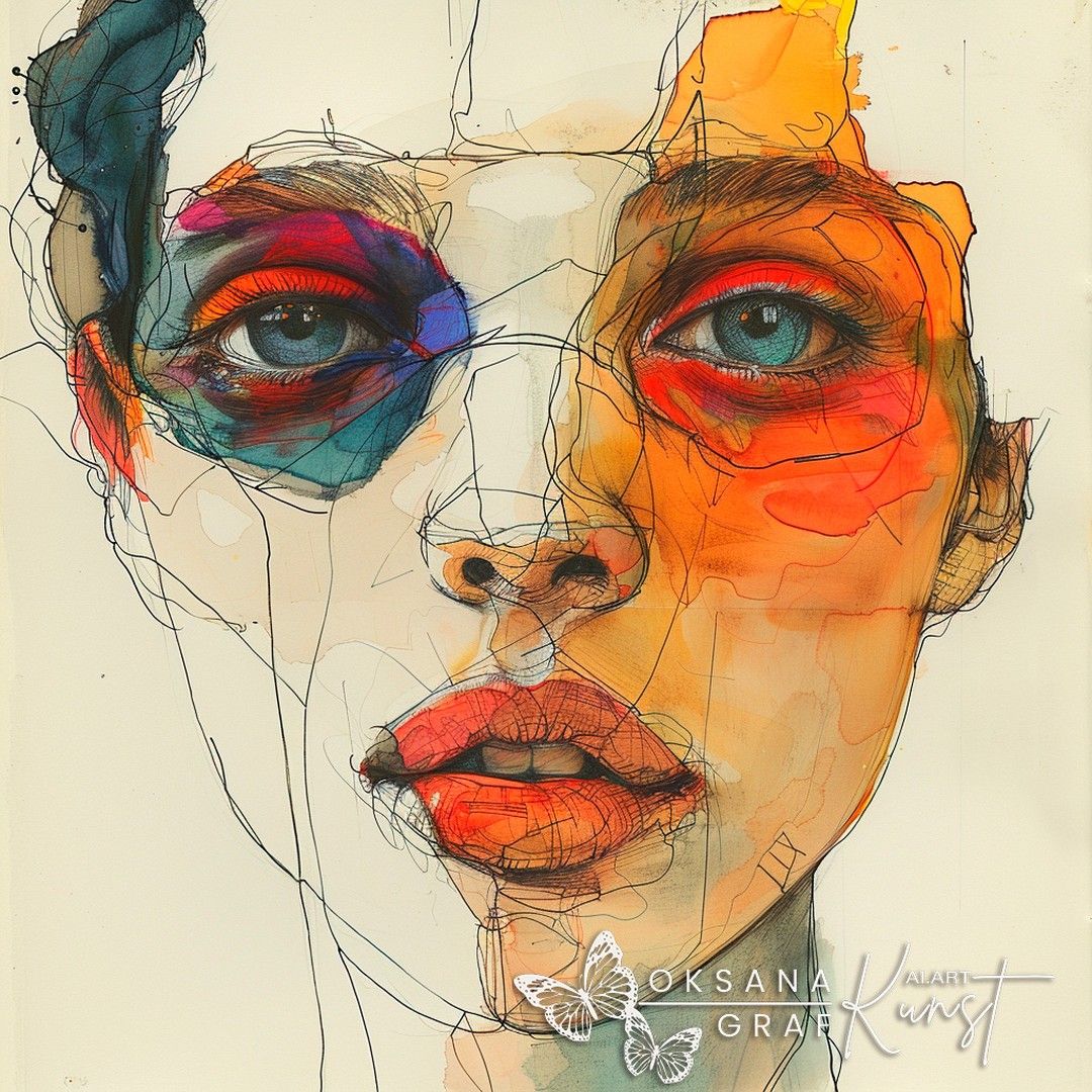 Abstract portrait with colorful watercolor overlays, blue eyes, orange lips, and loose sketch lines on beige background
