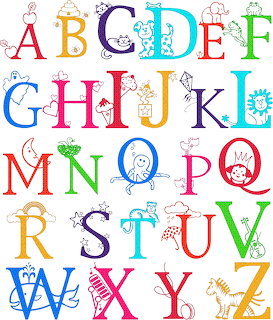 Illustrated alphabet A to Z with colorful letters decorated with playful drawings of animals and objects