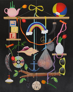 Whimsical still life with rainbow, toys, fruit, teapot, and playful objects arranged on shelves on black background