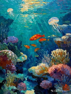 Colorful painted underwater scene with coral reef, jellyfish, and tropical fish in turquoise water