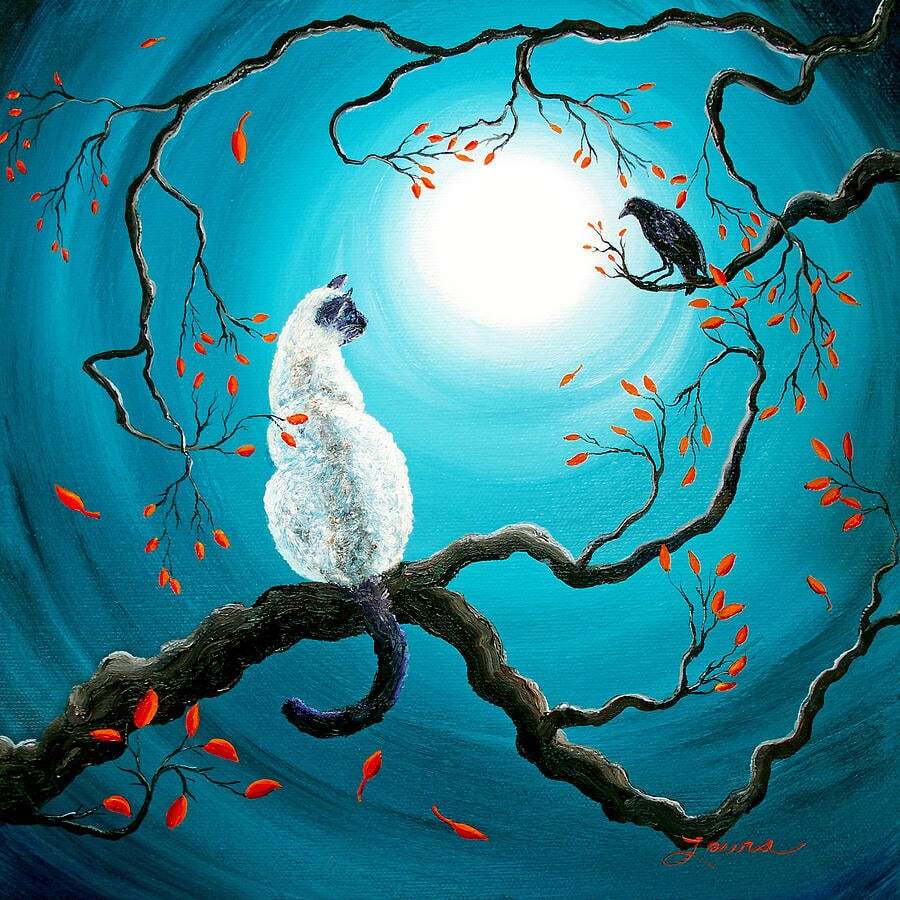 White cat perched on gnarled branch gazing at full moon with falling leaves in blue night sky