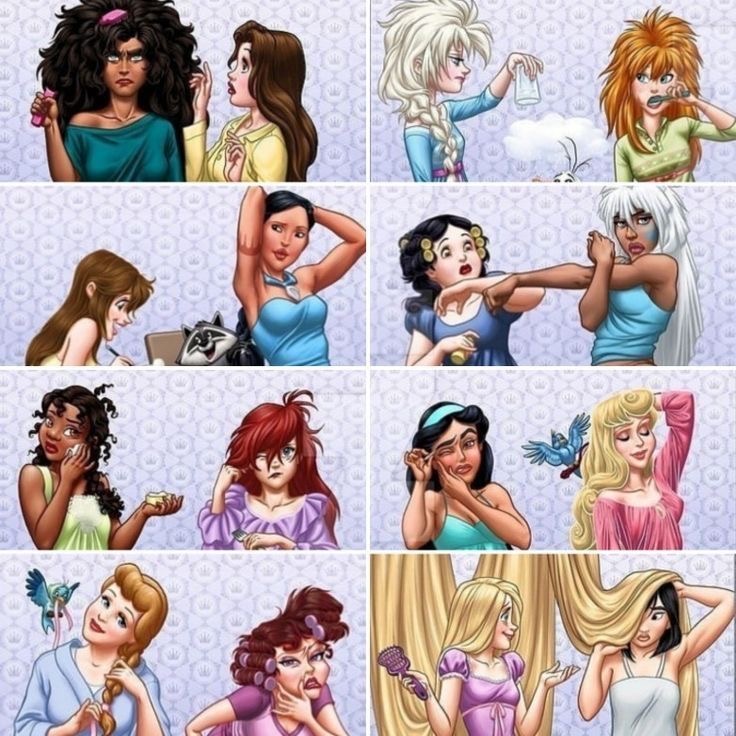 Grid collage of 16 illustrated Disney princess characters in various outfits and poses on purple damask background