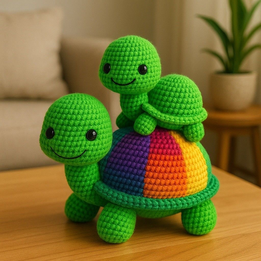 Three green crocheted turtles with colorful rainbow shells stacked on top of each other on a wooden table