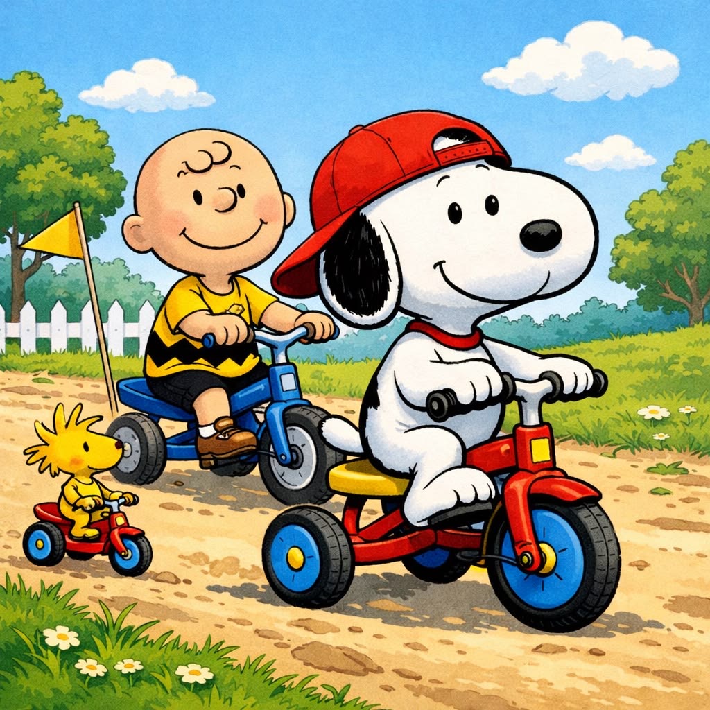 Cartoon Snoopy and Charlie Brown riding tricycles together with Woodstock on a sunny day