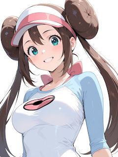 Anime girl with brown hair in buns, white cap with pink accent, blue eyes, wearing light blue top on white background