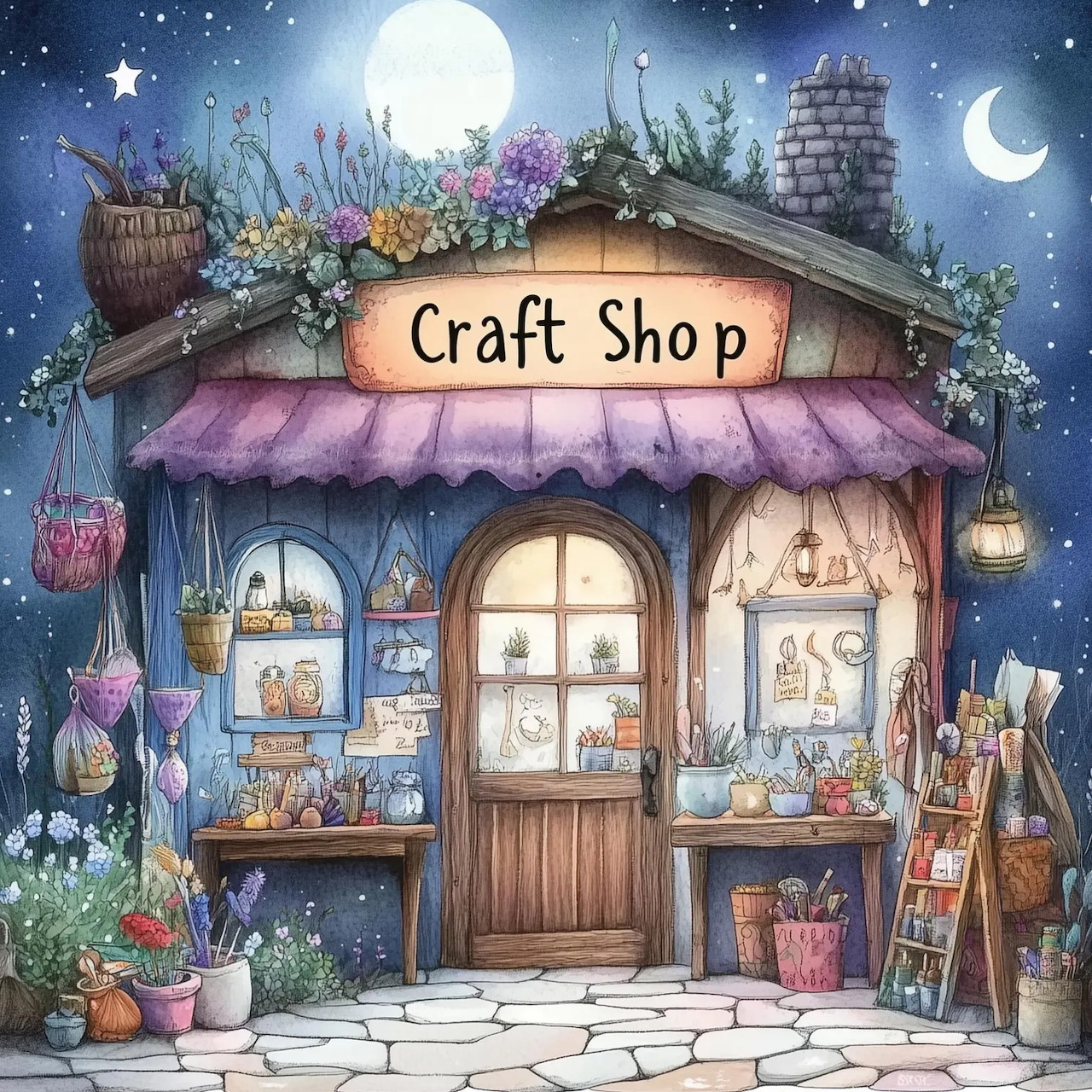Whimsical craft shop cottage illustration with purple awning, flowers, and night sky with full moon