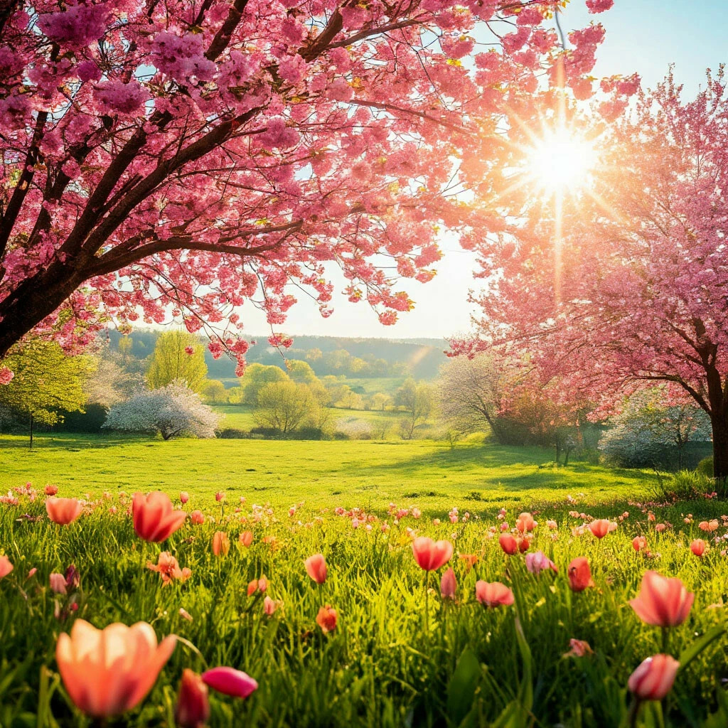 Pink cherry blossom trees over a green meadow with tulips and sunlight streaming through branches