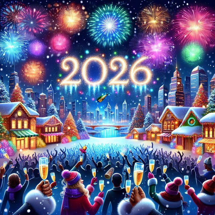 Illustration of 2026 New Year fireworks over a snowy city and winter village crowd