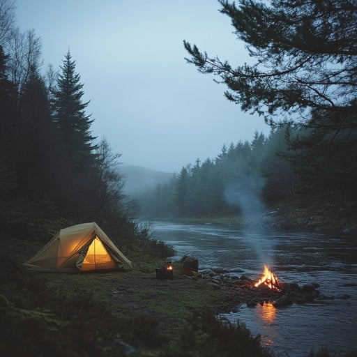 Glowing tent and campfire on riverbank at twilight with foggy forest backdrop