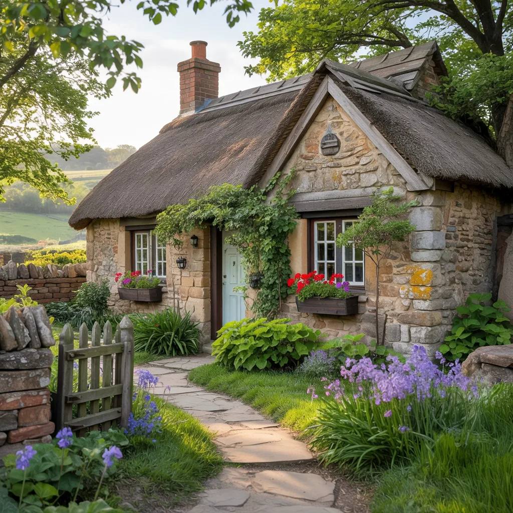 Stone cottage with thatched roof and flowering garden along a stone pathway