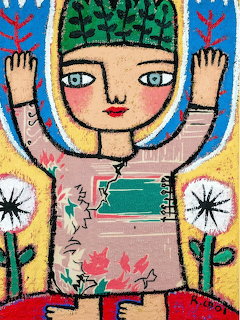Folk art painting of a girl with green hair raising her hands, surrounded by dandelions and flowers