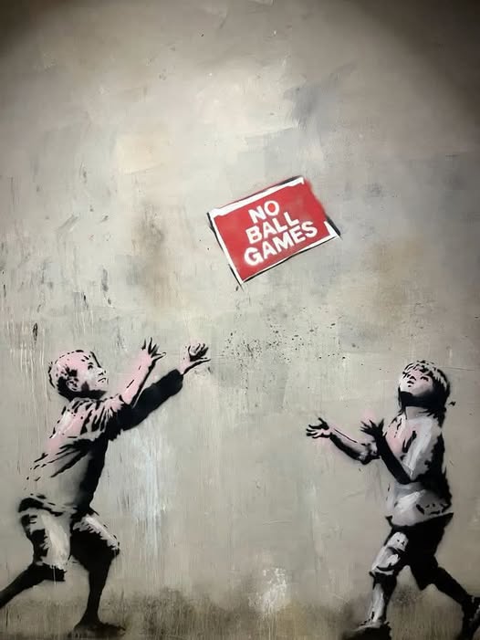 Stencil street art showing two children reaching for a red No Ball Games sign on a wall