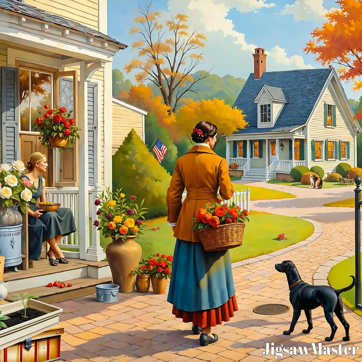 Woman in yellow jacket and long skirt holding flower basket on porch, with black dog and neighbor visible in autumn setting