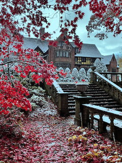 Stone castle with stairs beside a leaf-covered path and red autumn branches dusted with snow