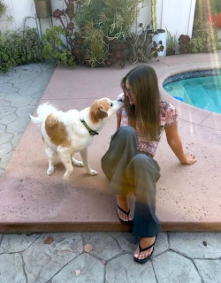 Woman crouching by pool petting a fluffy dog on sunny patio