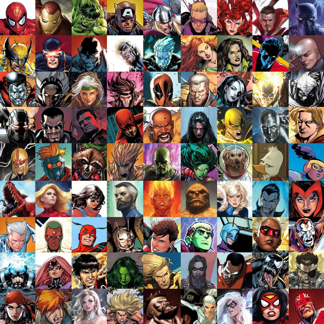 Grid collage of dozens of Marvel superhero and villain character portraits in various art styles