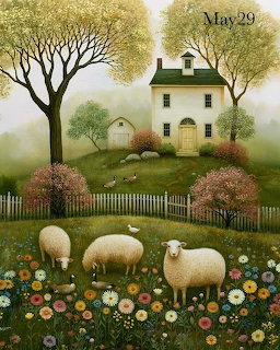 Folk art painting of sheep in a flower-filled meadow with a white farmhouse and picket fence on a green hill