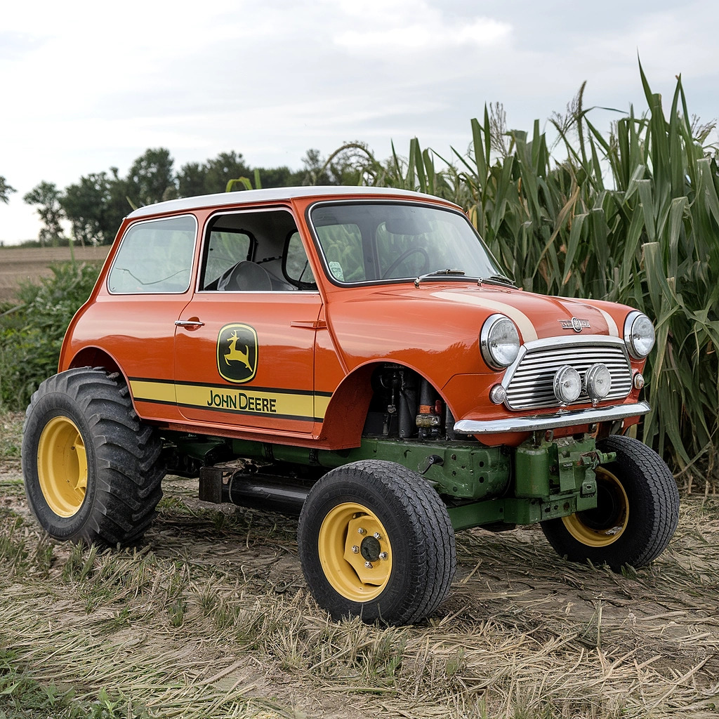 Orange Mini Cooper car modified with oversized yellow tractor wheels in a farm field