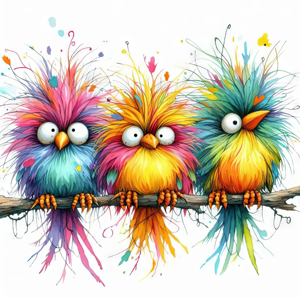 Three fluffy colorful birds with big eyes sitting on a branch in a whimsical illustration