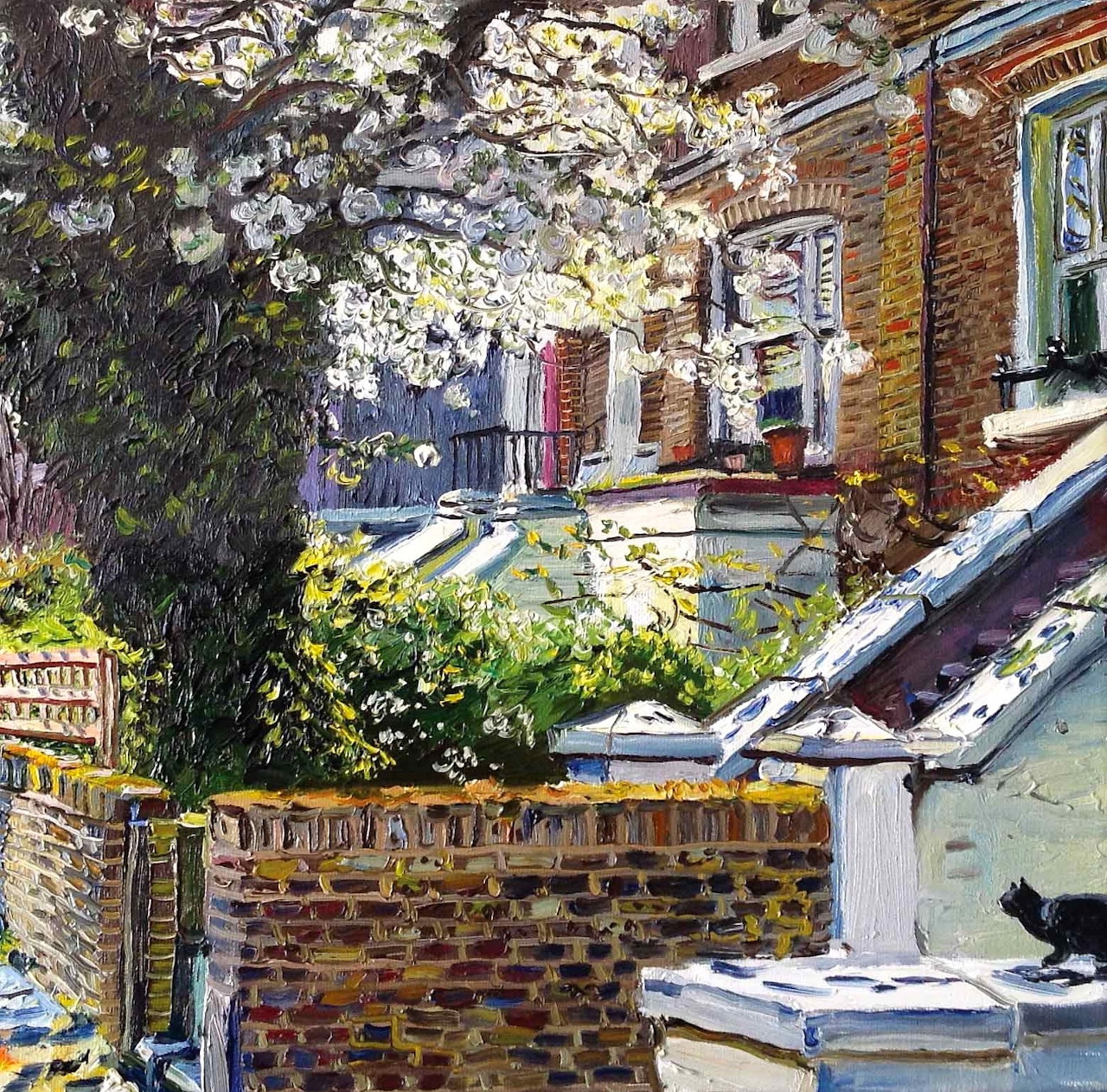 Impressionist painting of garden with flowering tree, brick wall, houses and black cat in dappled sunlight