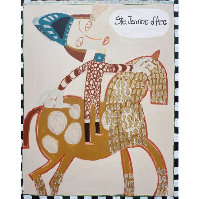 Surreal drawing of a stylized rider seated on a patterned horse