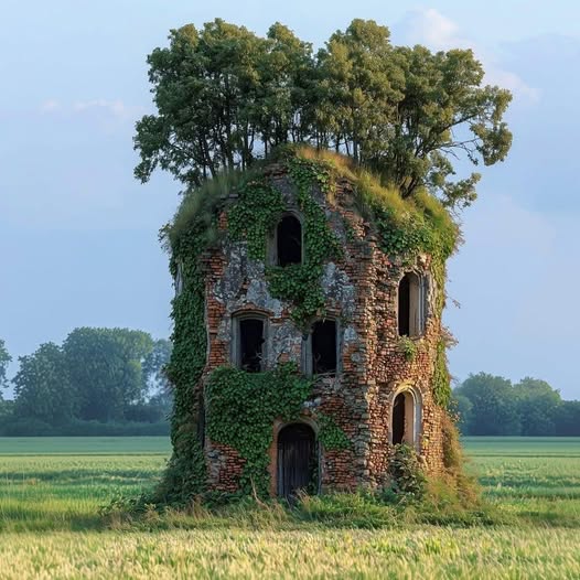 Overgrown brick ruins in field with trees growing on top